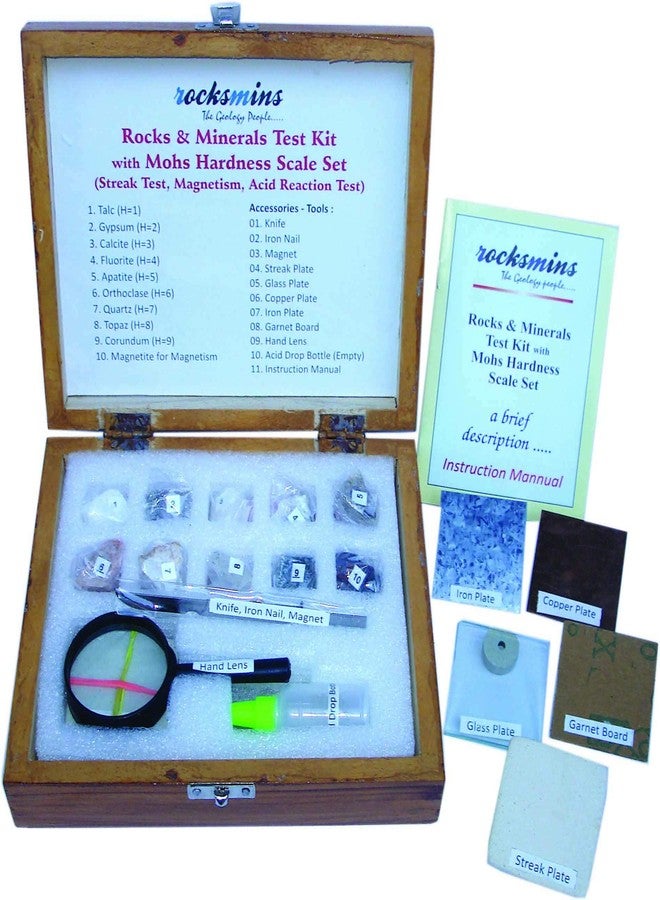 Rocksmins Rocks & Minerals Test Kit in Wooden Box with Mohs Hardness Scale Set 9 Specimens for Mohs Hardness 1 Specimen for Magnetism Test 10 Accessories for Testing of Minerals Instruction Manual - Image 4